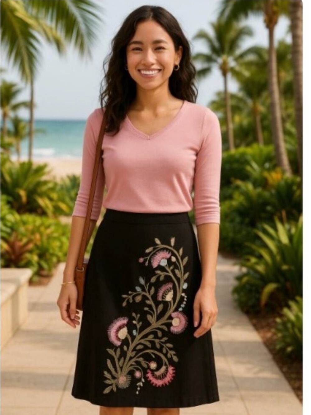 Edward Petite Black Linen-Blend Emboroidered & Embellished Skirt